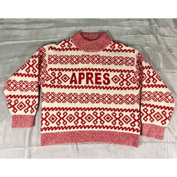 Holiday Après Ski Sweater Womens L New Day Red Cream Sparkle Fair Isle Chunky - Picture 1 of 10